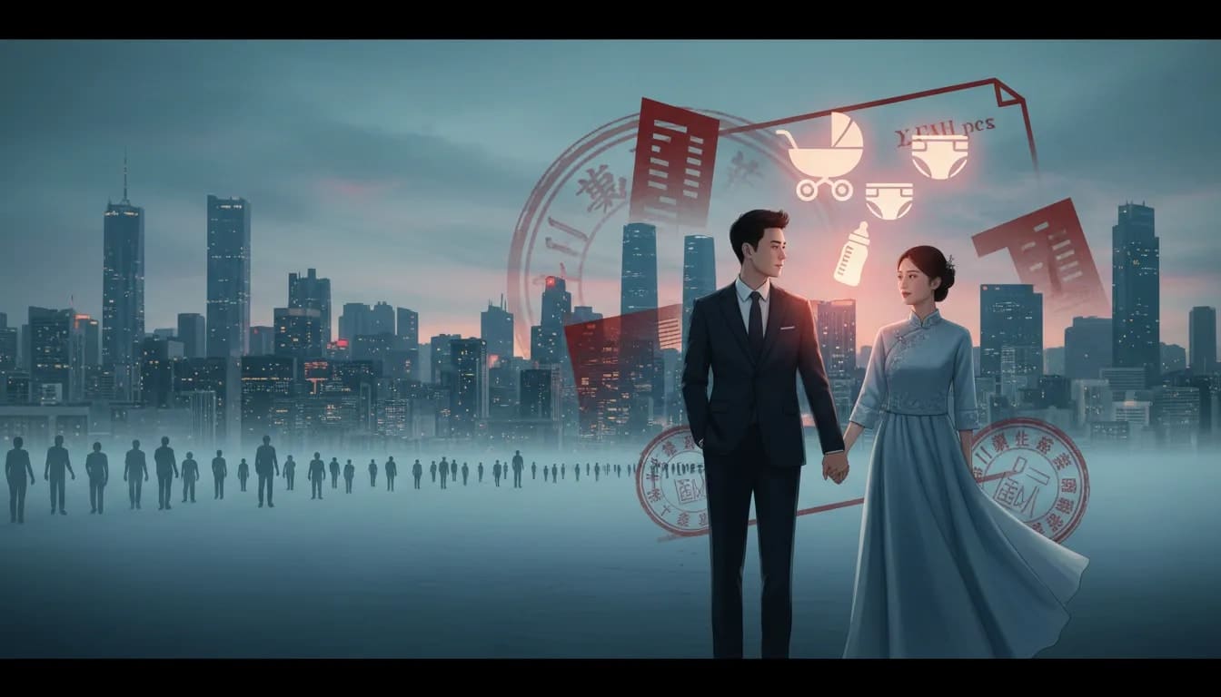 Editorial illustration symbolizing declining population and intense incentives for having children in a modern city, shown through glowing baby-care icons, fading silhouettes, and abstract bureaucratic pressure shapes—without any text.