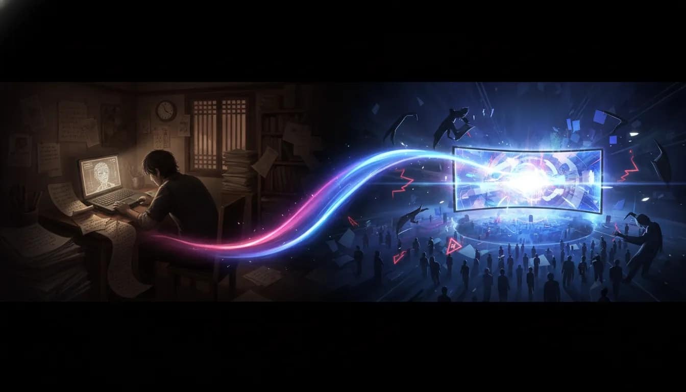 Split-scene cinematic image showing a cramped 2009 Seoul room with a glowing laptop transforming into a modern streaming-like glow, with subtle shadowy danger implied—no text.