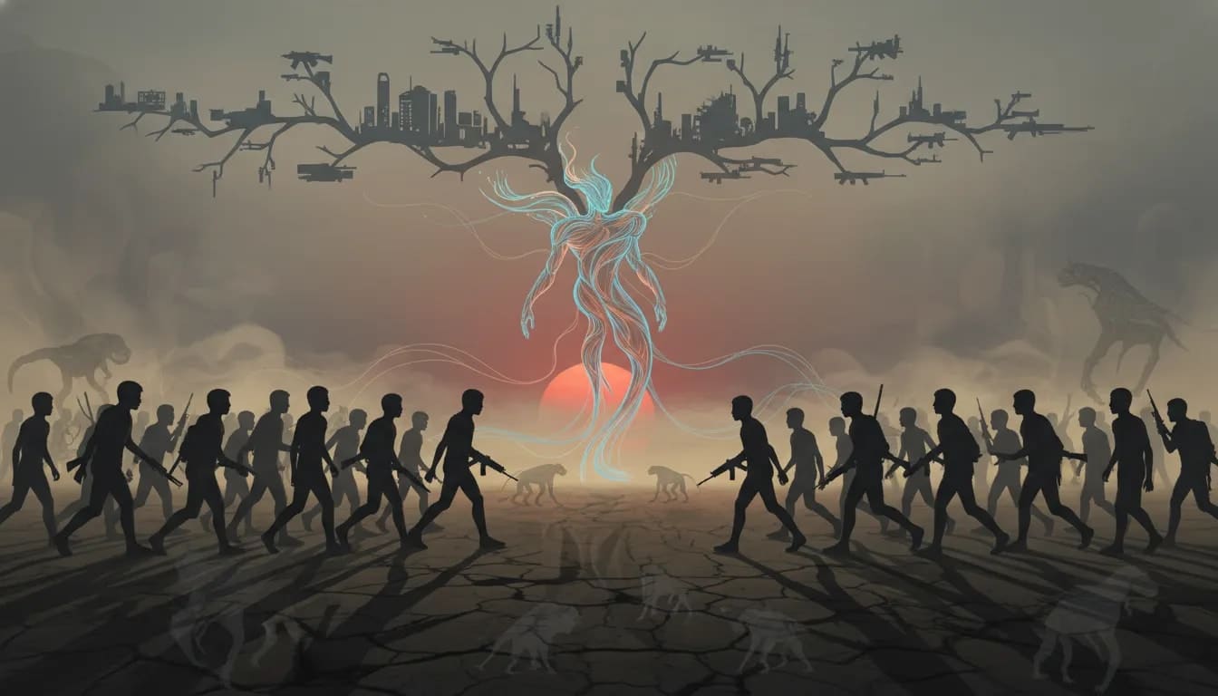 Wordless cinematic scene illustrating how human instinct and evolutionary history can drive conflict, with silhouettes facing each other and abstract biology/evolution symbolism in the background.